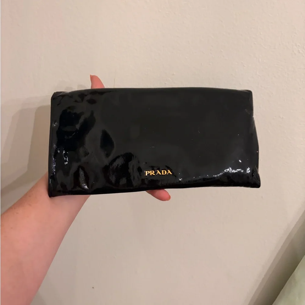 Prada Black Patent Clutch with Teal and Amber Gem Detail